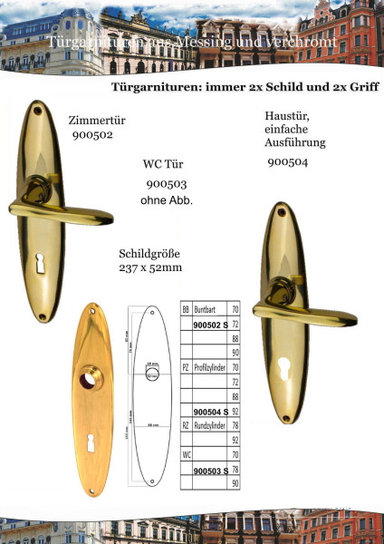 Türbeschlag mit Langschild für Zimmertüren - 30er Jahre - Messing  spitzoval 237×52 – Antik-Style-Berlin/Groß Kreutz