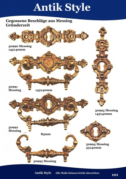 Gegossene Beschläge aus Messing, für Möbel, Gründerzeit. Seite 101