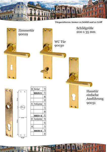 Schlichte Messing-Langschildgarnitur 200×35 mm: Zimmertür BB 90029, WC 90030, Haustür PZ 90031 – Antik-Style.