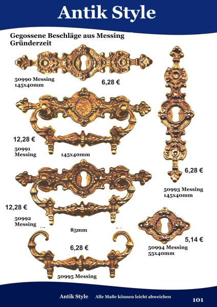 Gegossene Beschläge aus Messing, für Möbel, Gründerzeit. Seite 101